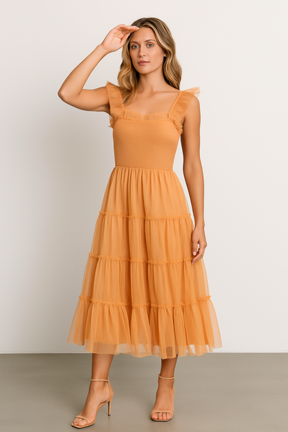 Robe longue femme – Bustier smocké – Jupe en tulle volantée – Sans manches à volants