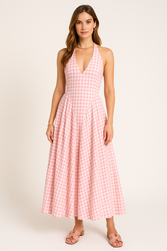 Robe femme midi – Col halter – Coupe ajustée – Jupe plissée évasée – Coton