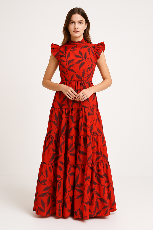 Robe longue femme – Coupe évasée élégante – Manches volantées – Jupe à étages – Imprimé audacieux