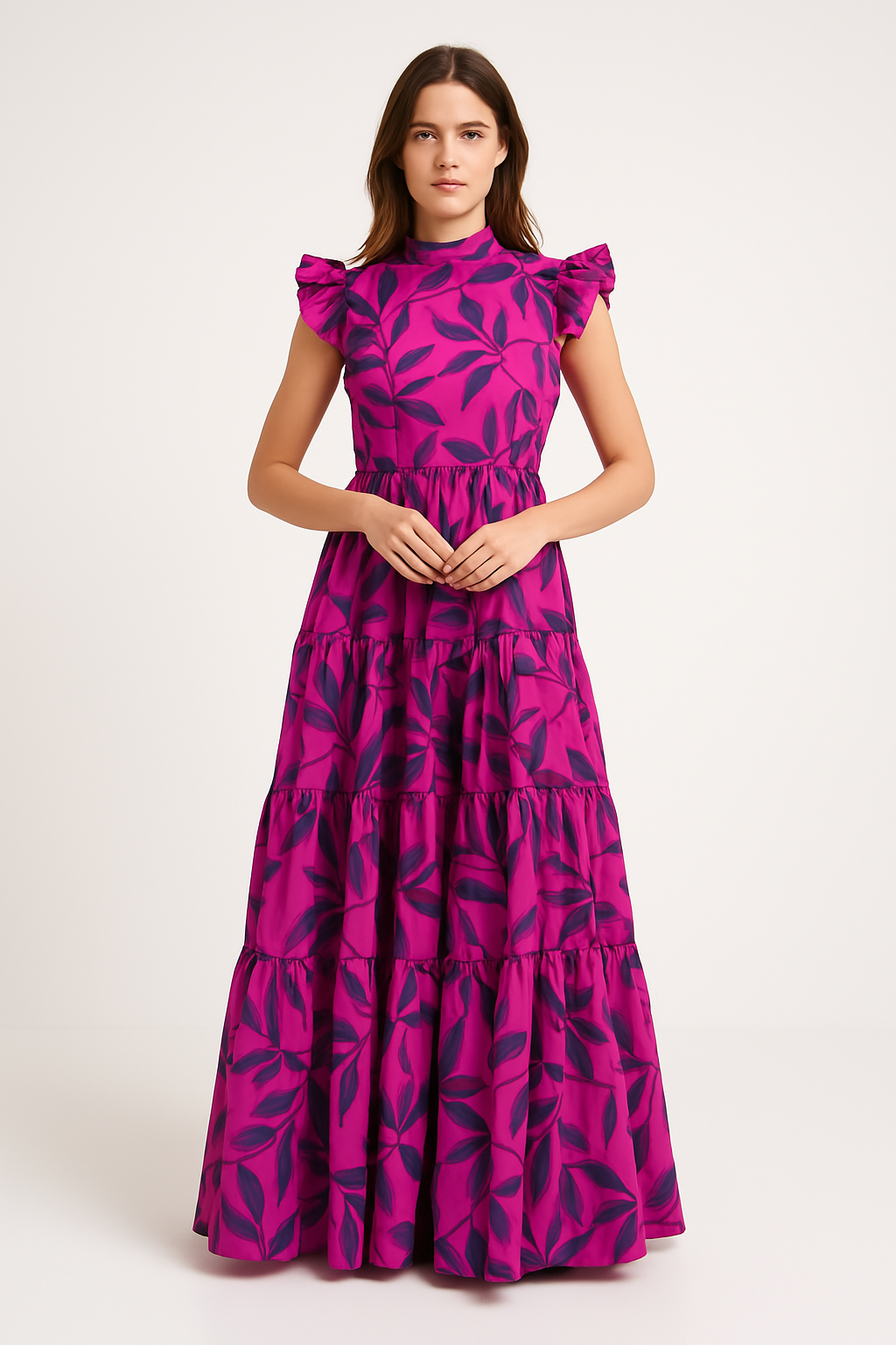 Robe longue femme – Coupe évasée élégante – Manches volantées – Jupe à étages – Imprimé audacieux