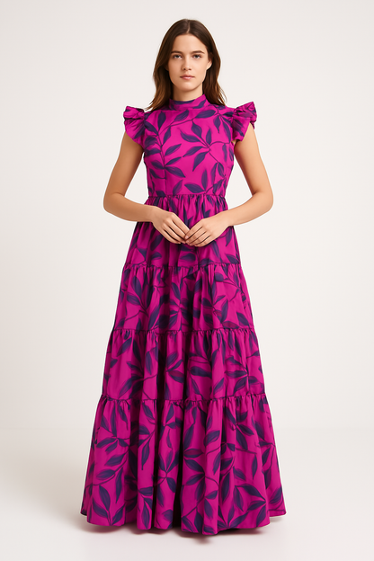 Robe longue femme – Coupe évasée élégante – Manches volantées – Jupe à étages – Imprimé audacieux