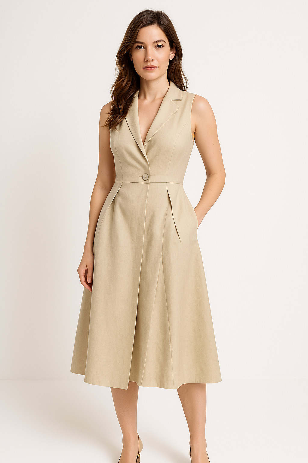 Robe midi femme – Sans manches – Col tailleur – Tissu fluide respirant – Coupe évasée
