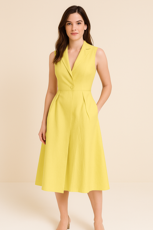 Robe midi femme – Sans manches – Col tailleur – Tissu fluide respirant – Coupe évasée