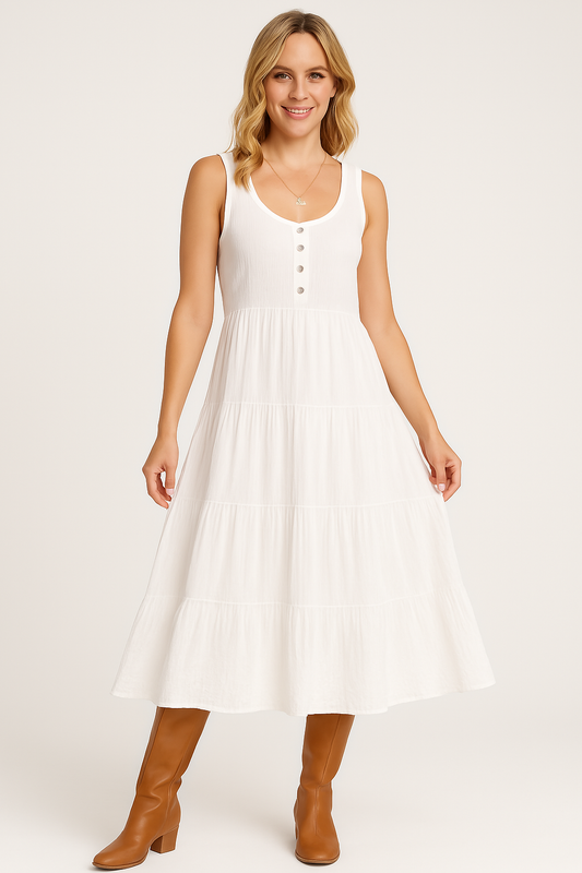 Robe longue femme – Sans manches – Coupe évasée – Tissu respirant – Jupe à volants