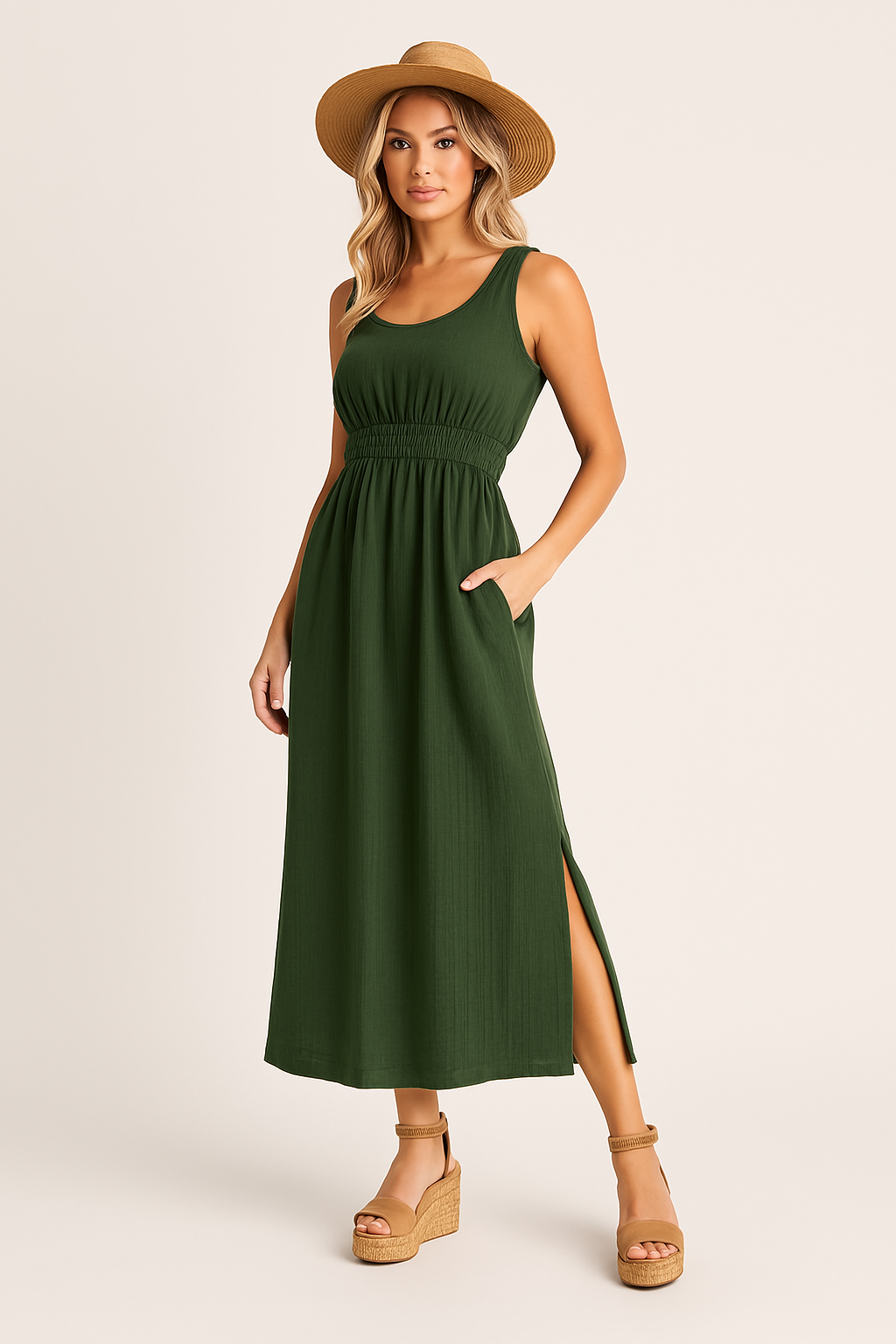 Robe femme sans manches – Coupe évasée – Tissu respirant – Longueur midi – Poches pratiques