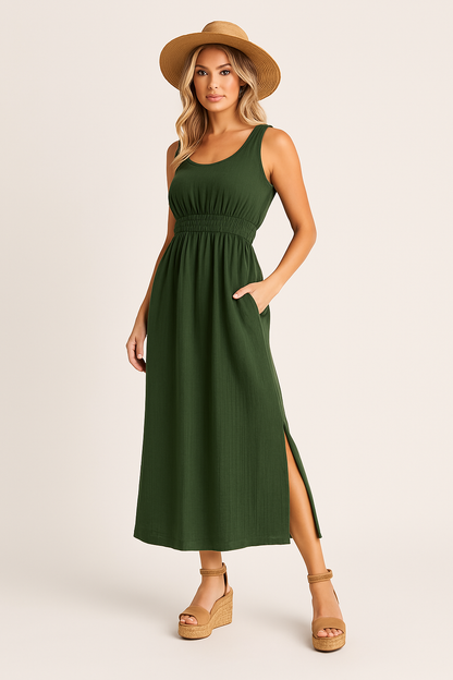 Robe femme sans manches – Coupe évasée – Tissu respirant – Longueur midi – Poches pratiques