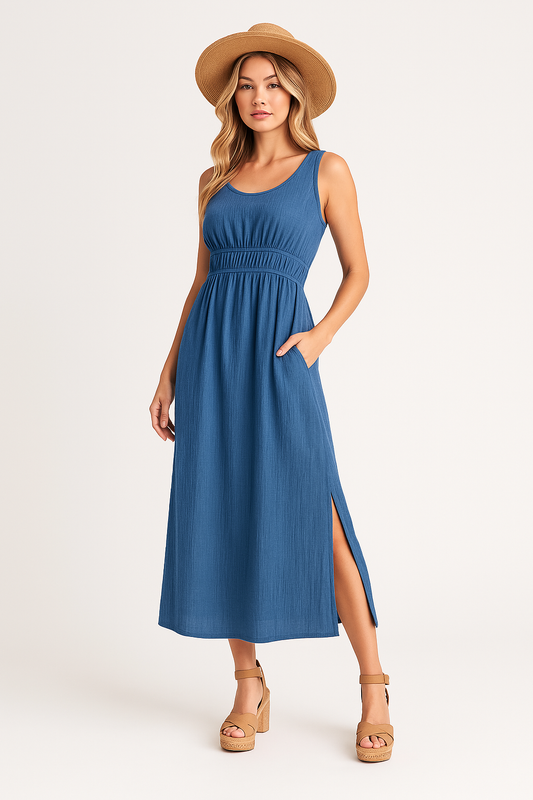 Robe femme sans manches – Coupe évasée – Tissu respirant – Longueur midi – Poches pratiques
