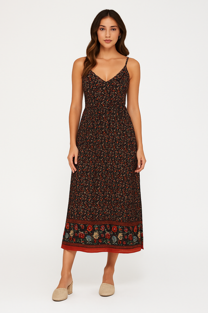 Robe longue femme – Coupe fluide – Décolleté en V – Bretelles fines – Imprimé bohème