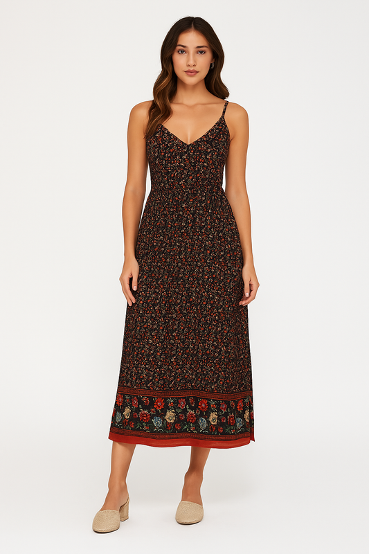 Robe longue femme – Coupe fluide – Décolleté en V – Bretelles fines – Imprimé bohème