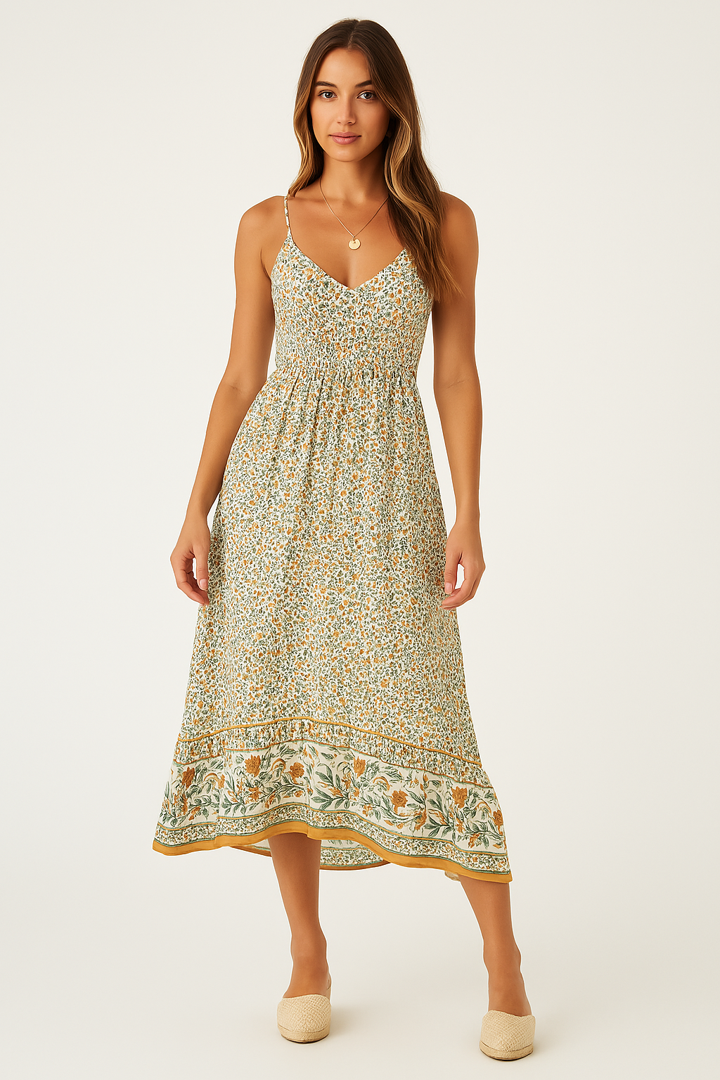 Robe longue femme – Coupe fluide – Décolleté en V – Bretelles fines – Imprimé bohème