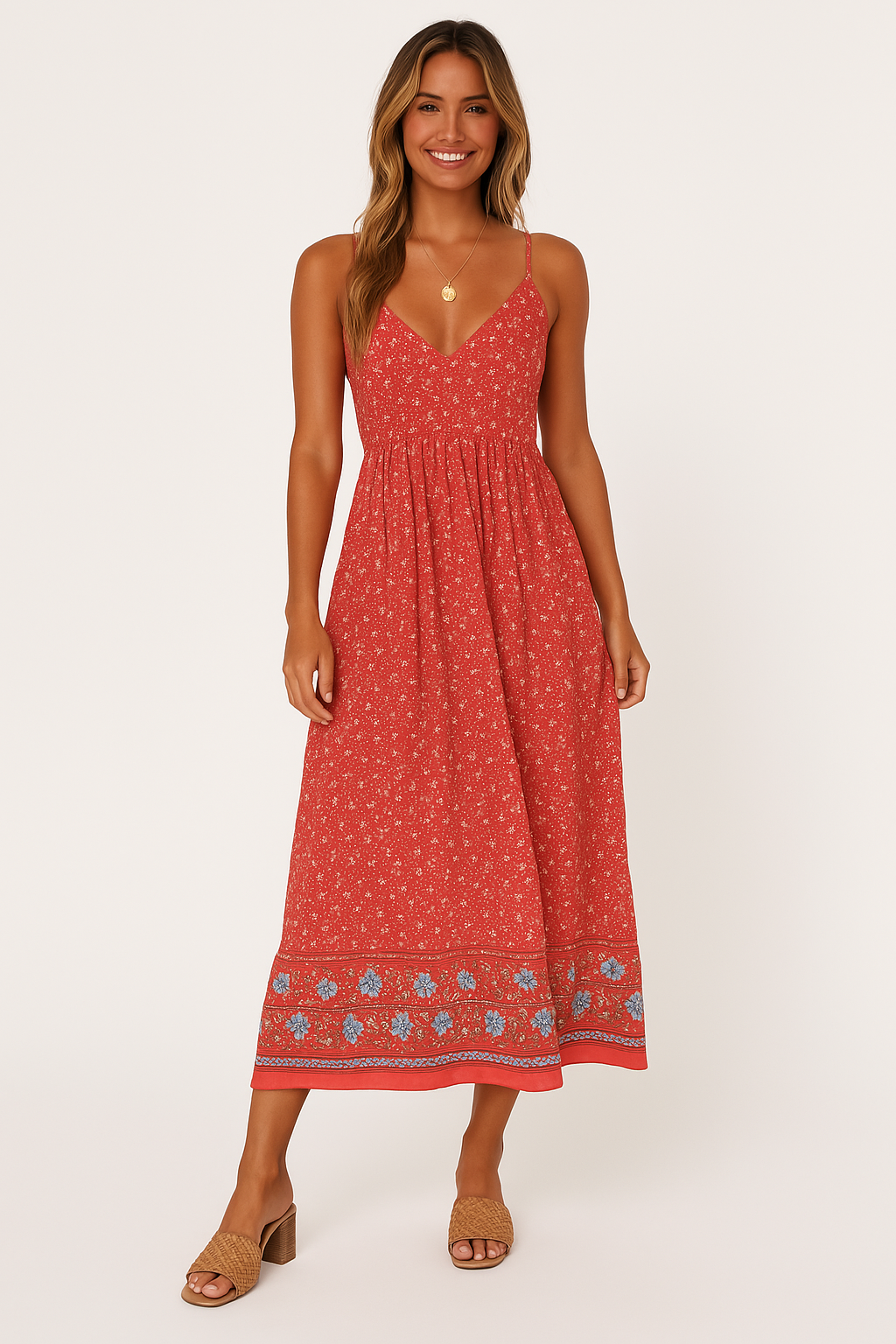 Robe longue femme – Coupe fluide – Décolleté en V – Bretelles fines – Imprimé bohème