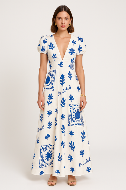 Robe longue femme – Coupe évasée – Décolleté en V – Manches bouffantes