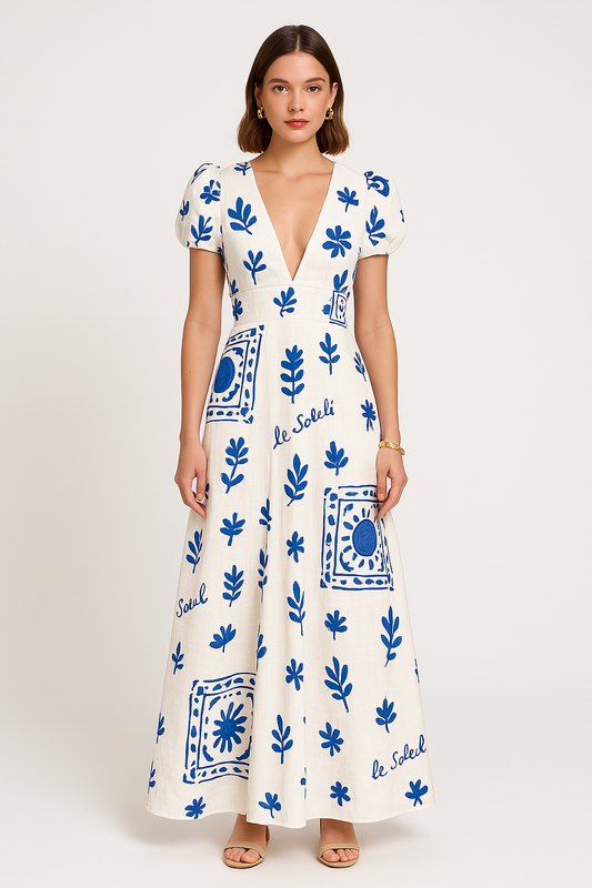 Robe longue femme – Coupe évasée – Décolleté en V – Manches bouffantes