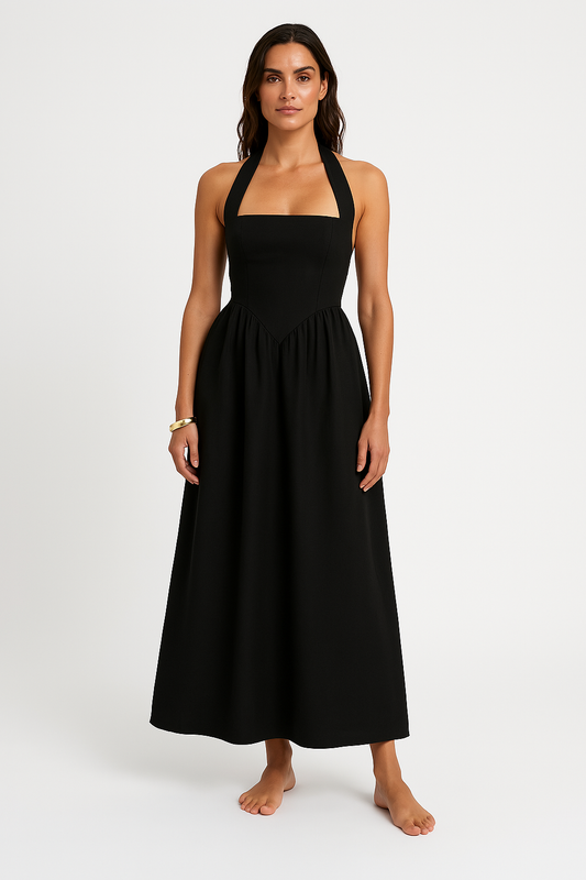 Robe longue femme – Dos nu – Col halter – Coupe évasée élégante