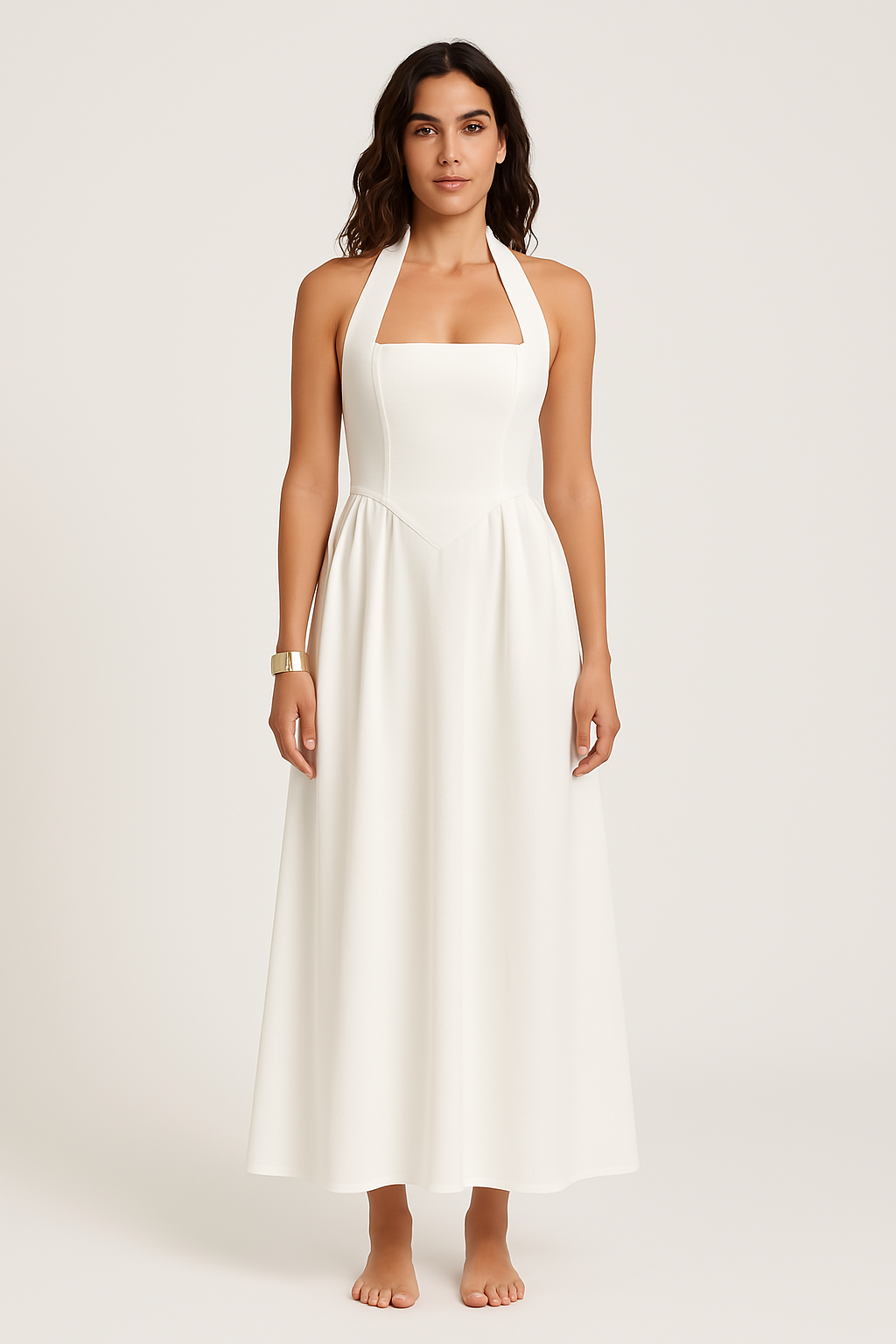 Robe longue femme – Dos nu – Col halter – Coupe évasée élégante