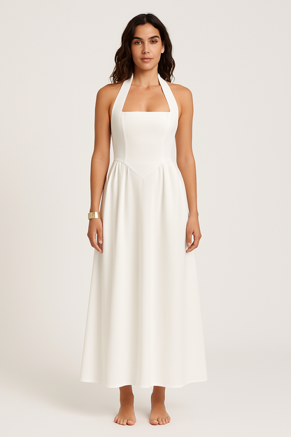 Robe longue femme – Dos nu – Col halter – Coupe évasée élégante