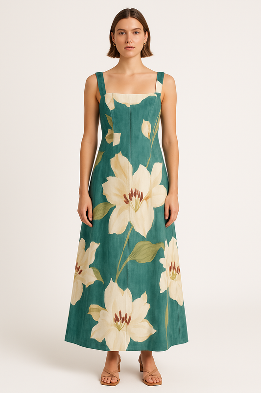 Robe longue femme – Encolure carrée – Bretelles larges – Imprimé fleuri vintage
