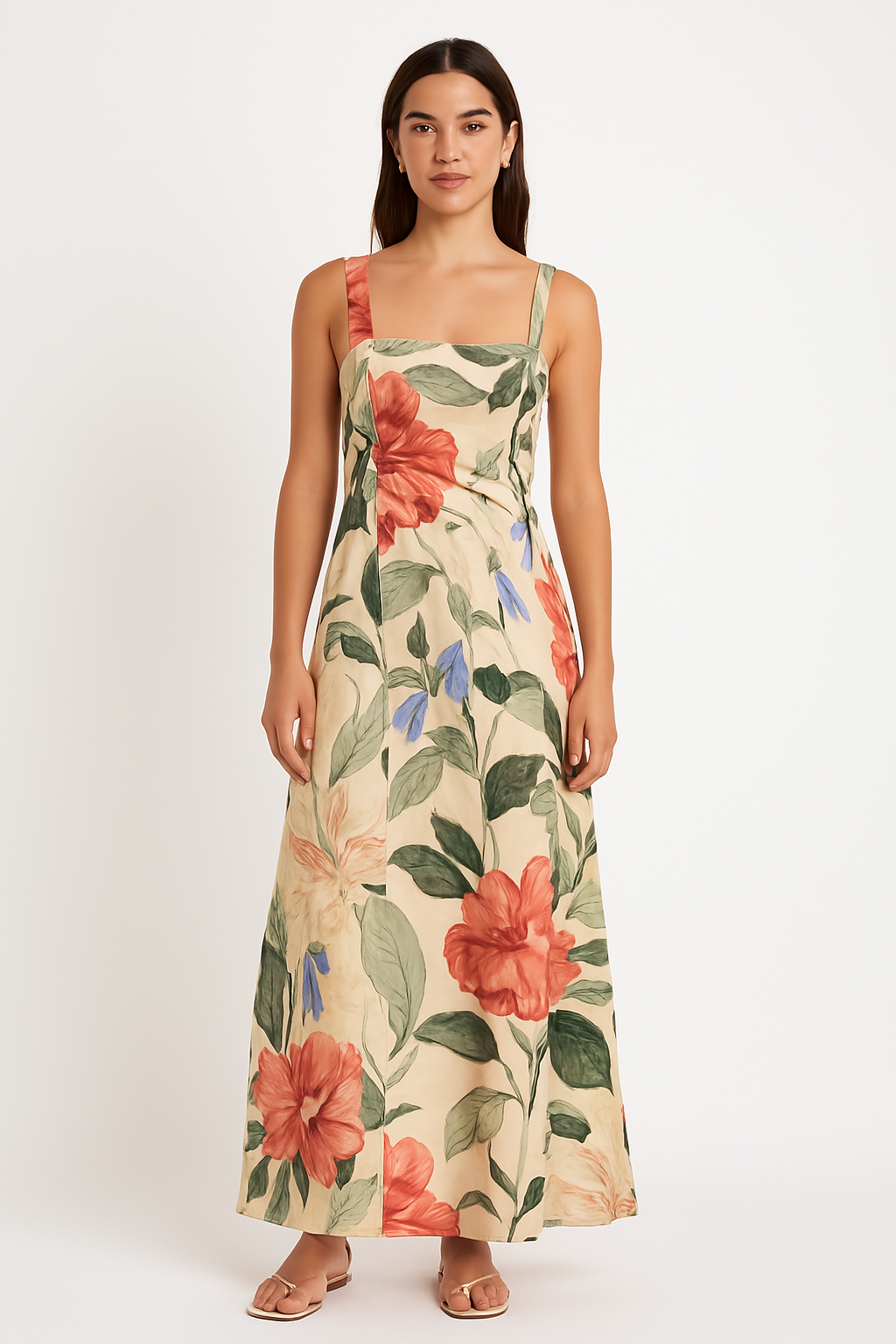 Robe longue femme – Encolure carrée – Bretelles larges – Imprimé fleuri vintage