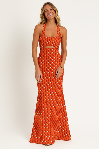 Women's long dress – Slim fit – Halter neck – Front cut-out – Printed