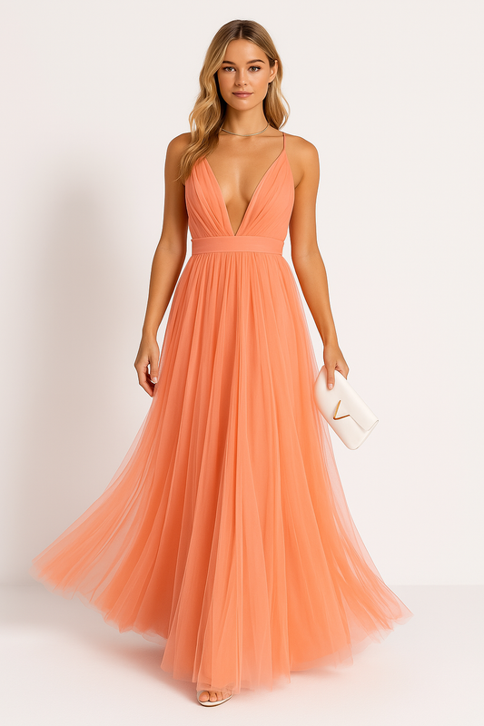 Robe longue femme – Sans manches – Décolleté en V – Taille cintrée – Tissu fluide
