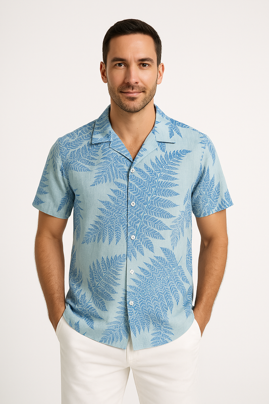 Chemise à manches courtes homme – Coupe décontractée – Tissu respirant – Motif feuillage