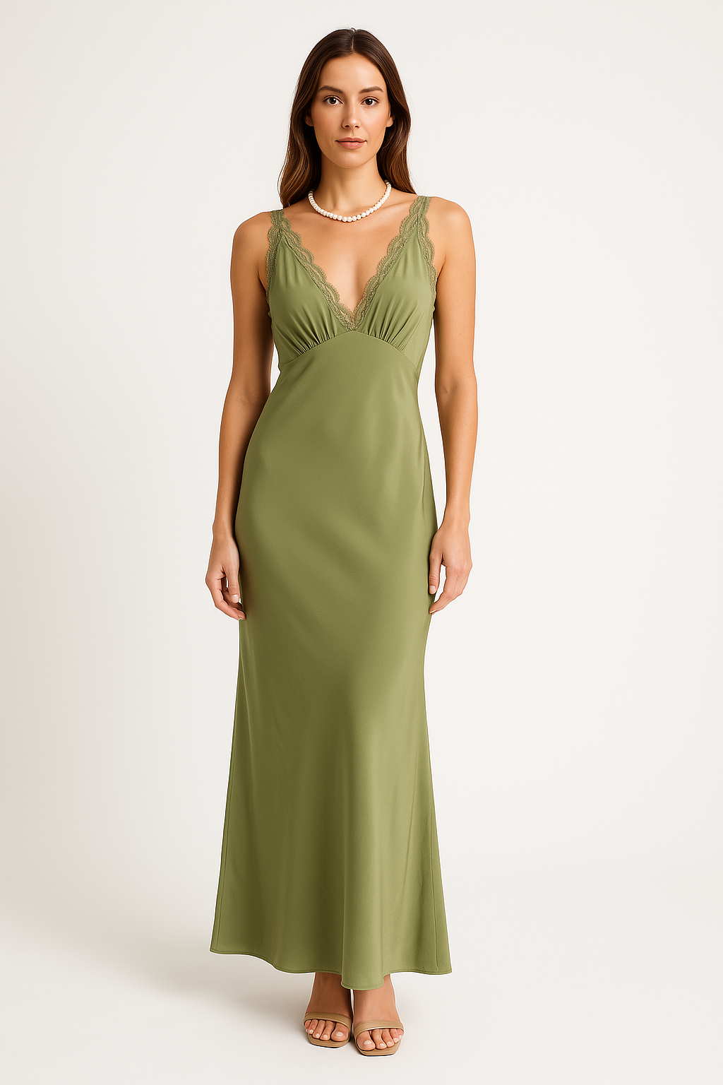 Robe de soirée femme – Coupe ajustée – Satin fluide – Longue – Col V sans manches avec dentelle