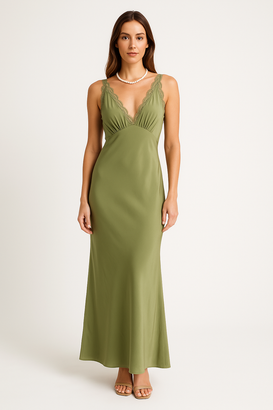 Robe de soirée femme – Coupe ajustée – Satin fluide – Longue – Col V sans manches avec dentelle