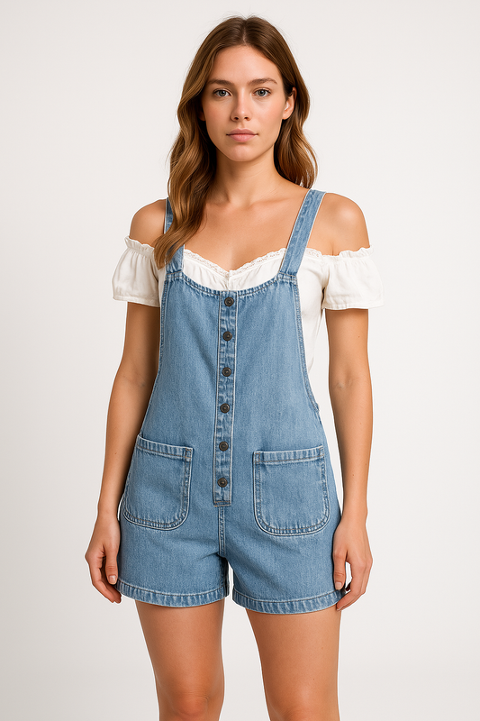Salopette Femme – Short en Jean – Coupe Ample – Bretelles Réglables – Boutonnée