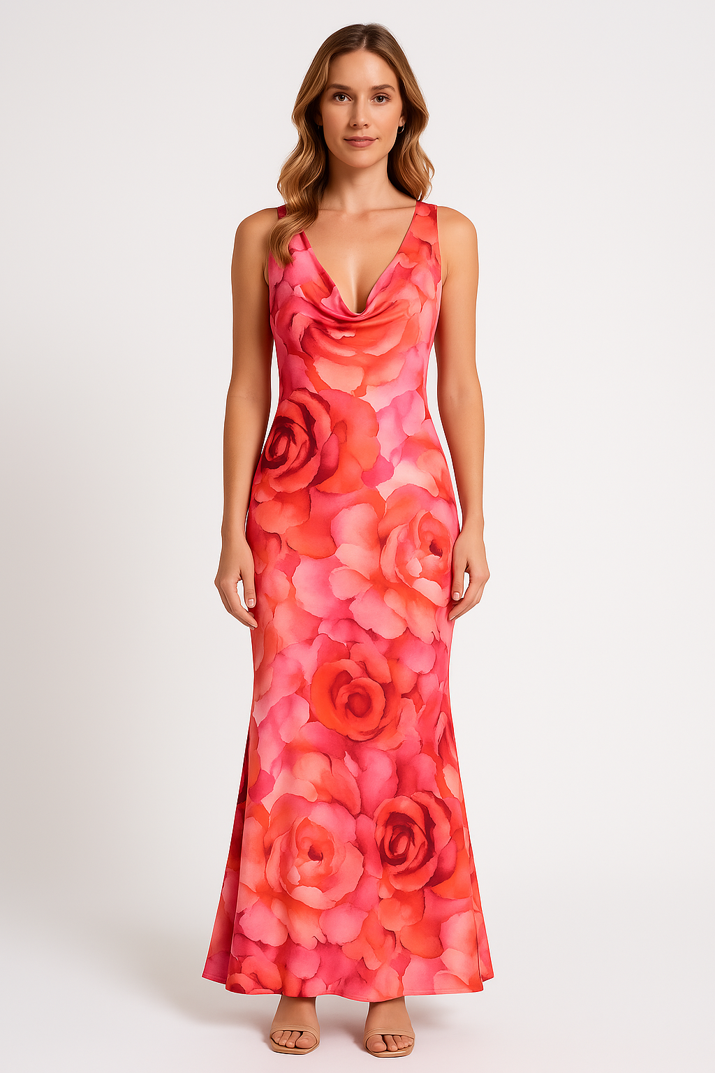 Robe longue femme – Sans manches – Imprimé floral – Décolleté en V – Tissu fluide
