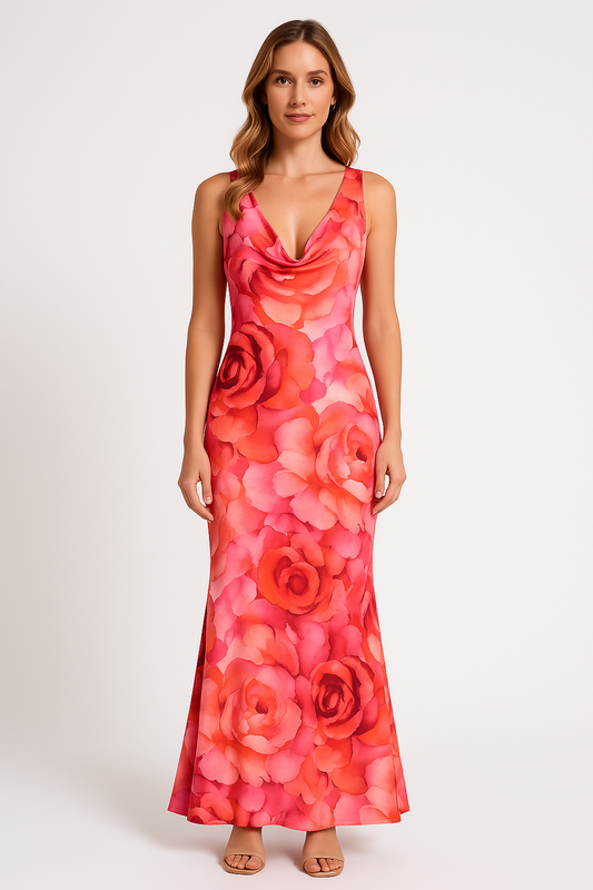 Robe longue femme – Sans manches – Imprimé floral – Décolleté en V – Tissu fluide