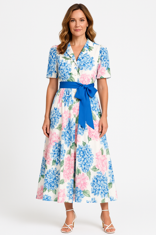 Robe maxi femme – Coupe évasée – Manches courtes – Imprimé fleuri – Ceinture ajustable