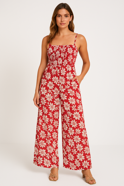 Combinaison Femme – Imprimé Floral – Coupe Large – Bretelles Fines – Haut Smocké