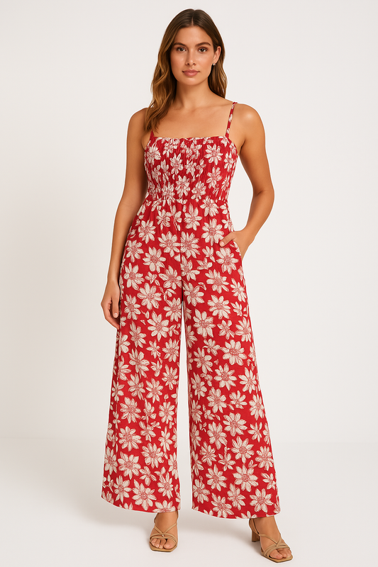 Combinaison Femme – Imprimé Floral – Coupe Large – Bretelles Fines – Haut Smocké