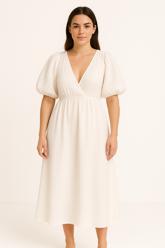 Robe femme longue – Décolleté en V – Manches bouffantes – Texturé doux – Coupe fluide