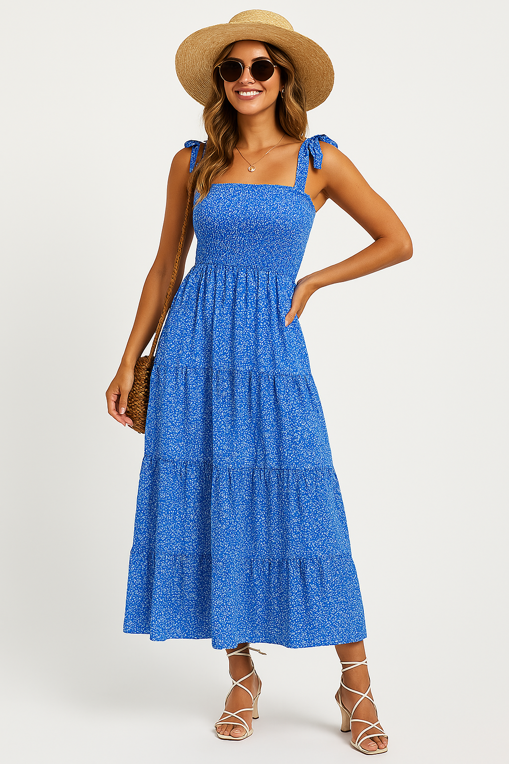 Robe longue femme – Bretelles nouées – Tissu léger – Jupe évasée à volants