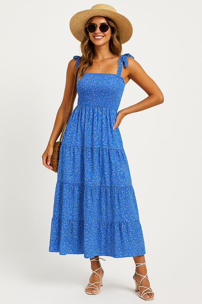Robe longue femme – Bretelles nouées – Tissu léger – Jupe évasée à volants