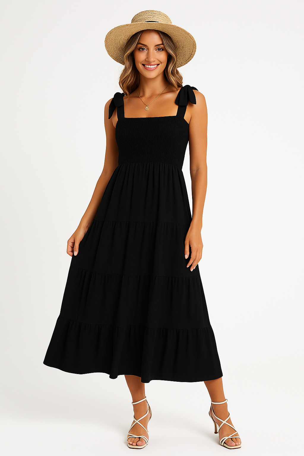 Robe longue femme – Bretelles nouées – Tissu léger – Jupe évasée à volants