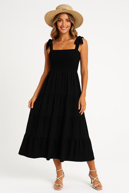 Robe longue femme – Bretelles nouées – Tissu léger – Jupe évasée à volants