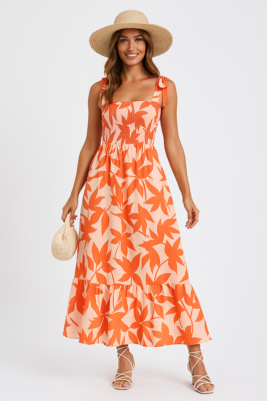 Robe longue femme – Bretelles nouées – Tissu léger – Jupe évasée à volants