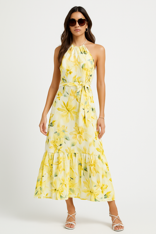 Robe longue femme – Coupe fluide – Col halter – Jupe à volants – Taille ajustable