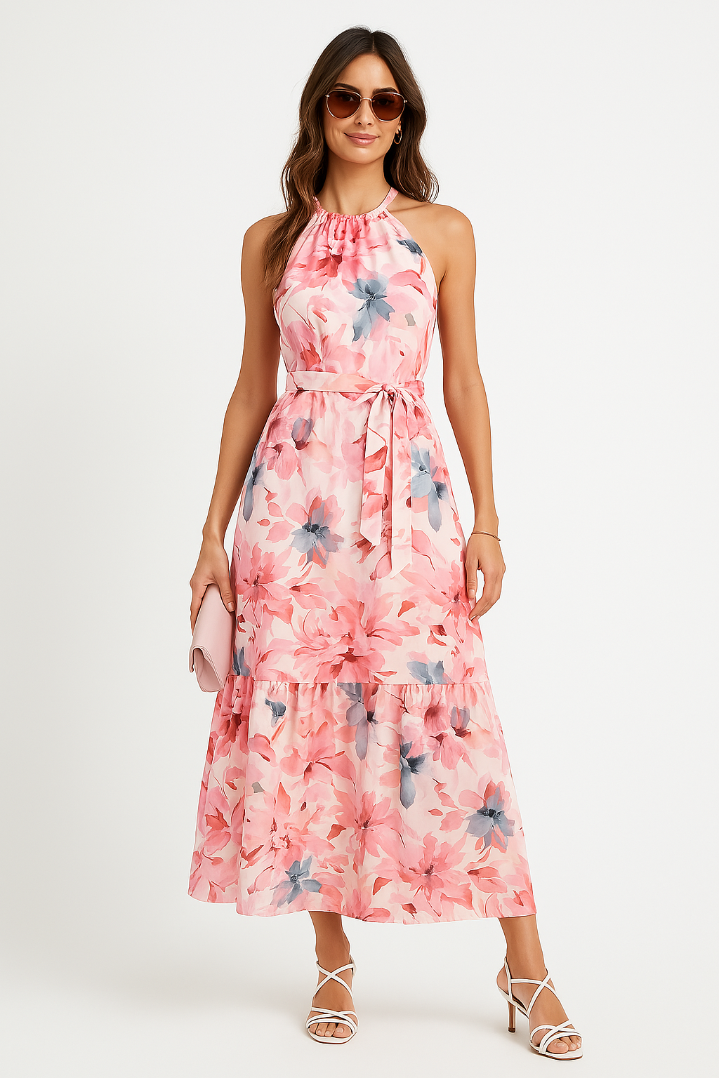 Robe longue femme – Coupe fluide – Col halter – Jupe à volants – Taille ajustable