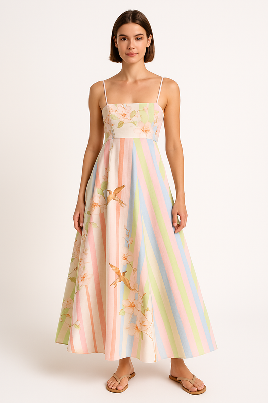 Robe longue femme – Coupe fluide – Bretelles fines – Imprimé artistique – Fibres naturelles