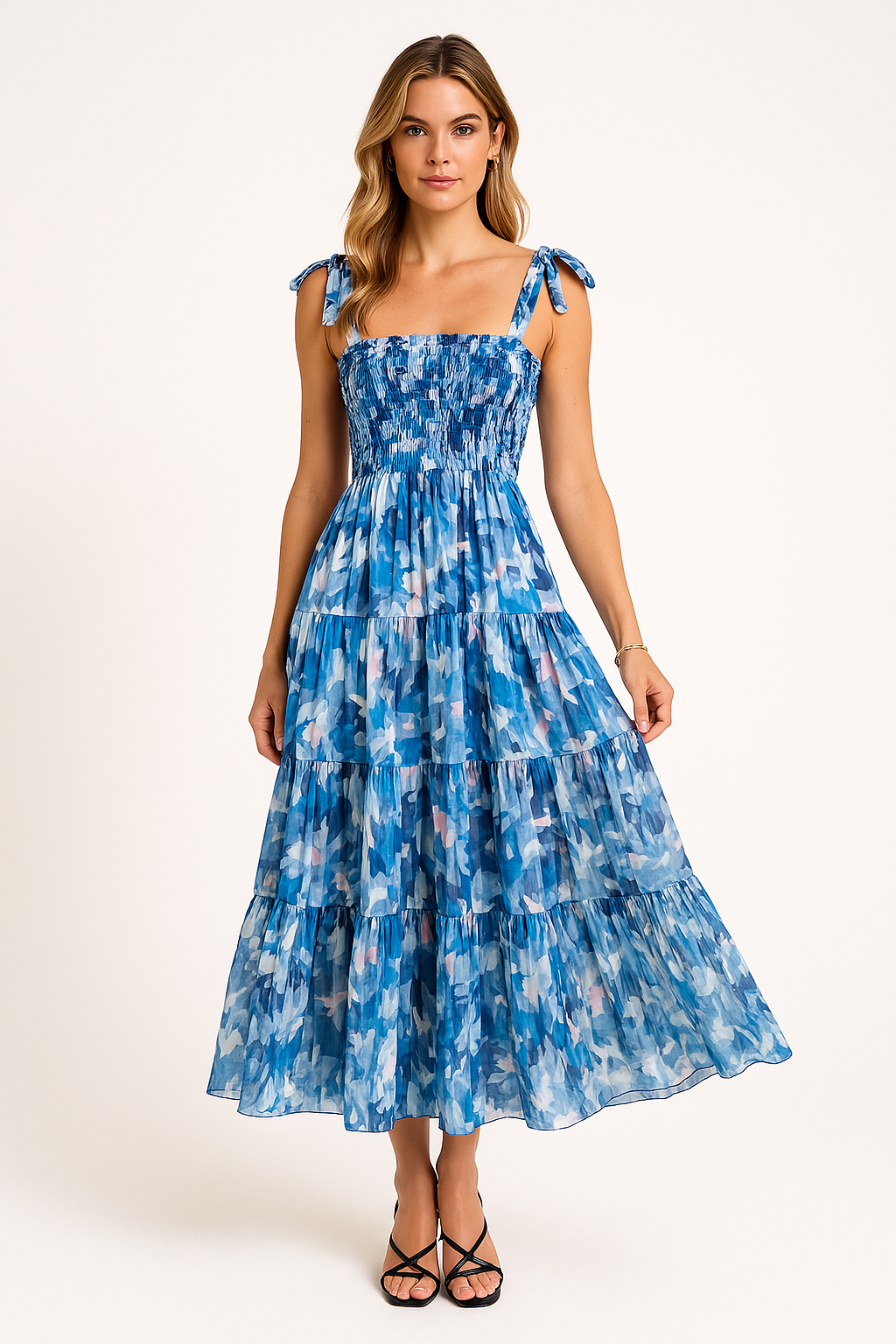 Robe longue femme – Bretelles réglables – Buste smocké – Jupe fluide à volants – Imprimé fleuri
