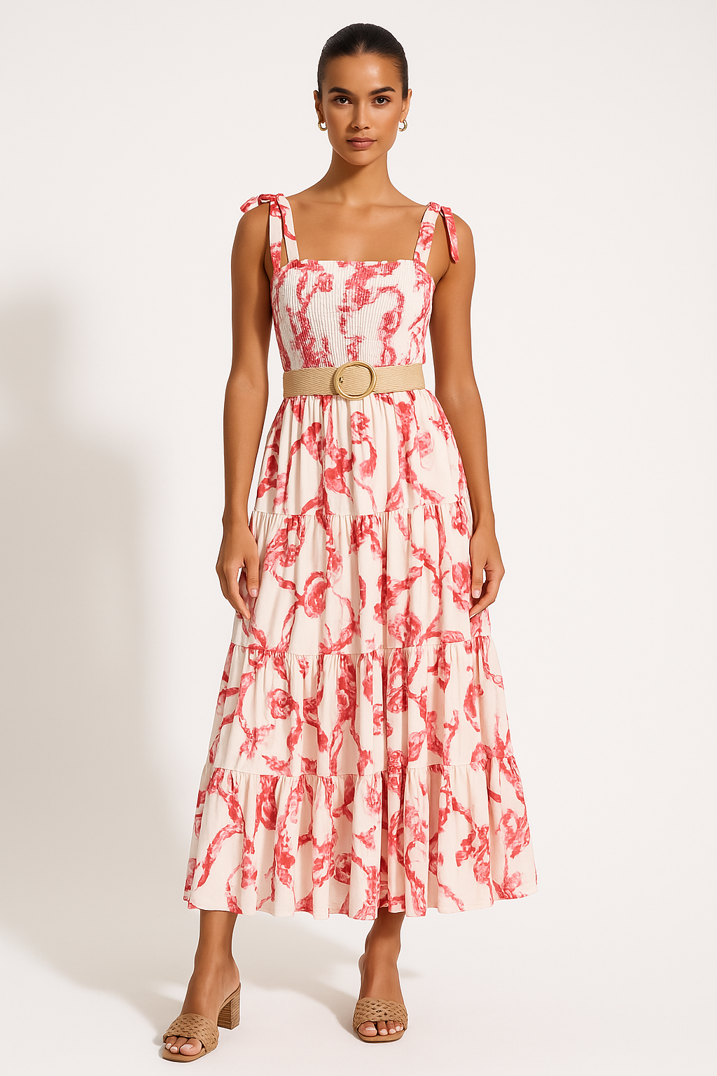 Robe longue femme – Bretelles réglables – Buste smocké – Jupe fluide à volants – Imprimé fleuri