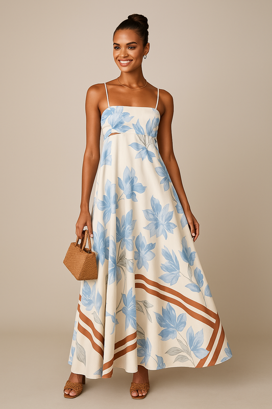 Robe longue femme – Dos nu – Coupe évasée – Tissu respirant – Imprimé fleuri