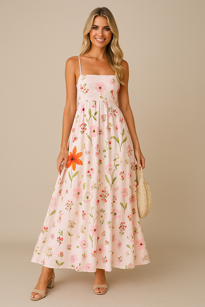 Robe longue femme – Dos nu – Coupe évasée – Tissu respirant – Imprimé fleuri