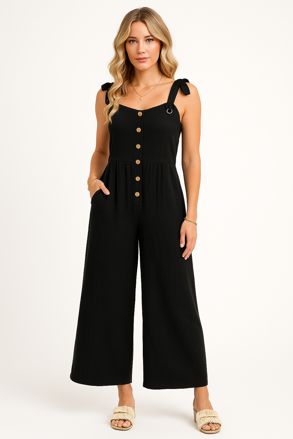 Combinaison femme – Coupe ample – Jambes larges – Boutons devant – Bretelles nouées