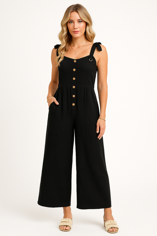 Combinaison femme – Coupe ample – Jambes larges – Boutons devant – Bretelles nouées