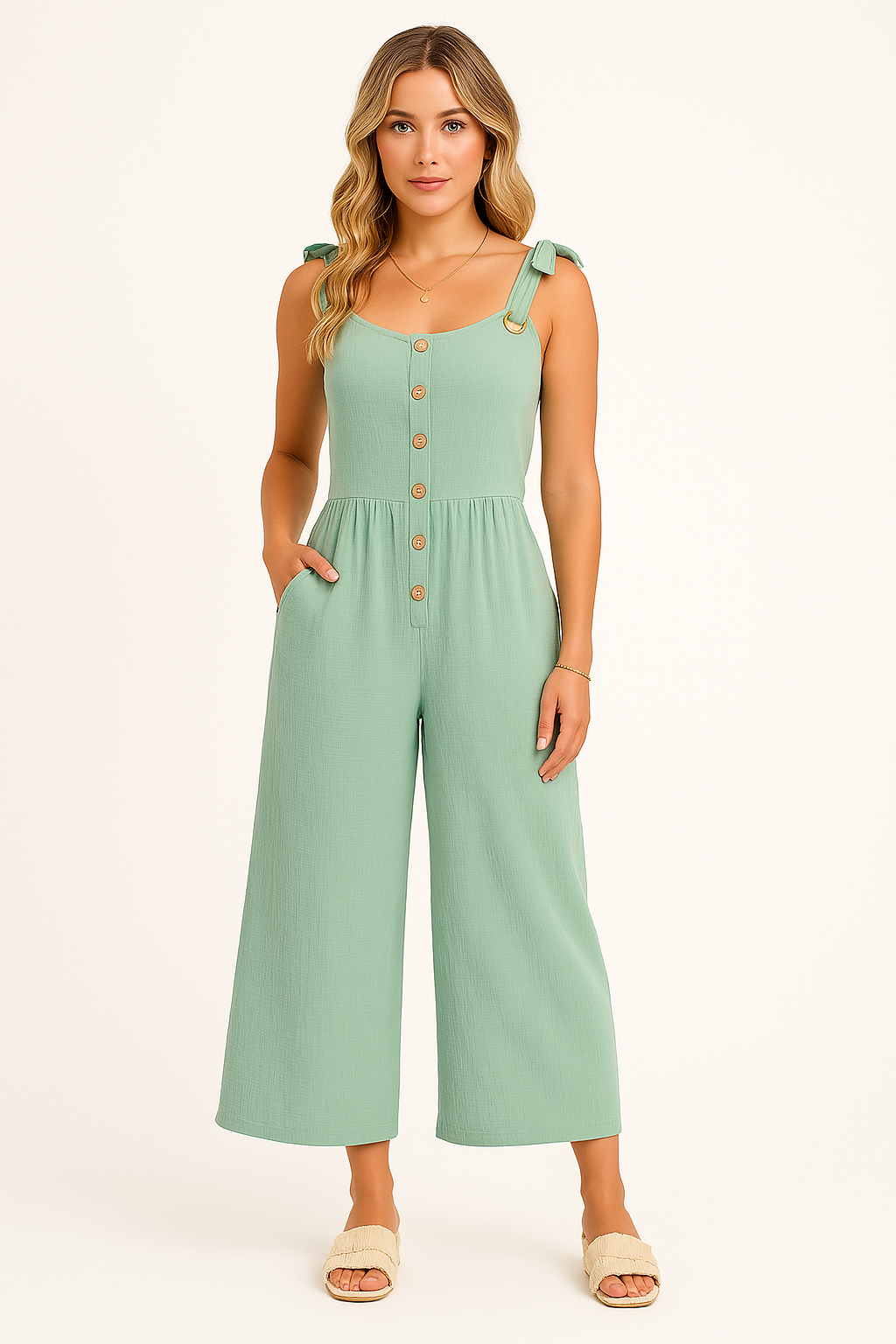 Combinaison femme – Coupe ample – Jambes larges – Boutons devant – Bretelles nouées