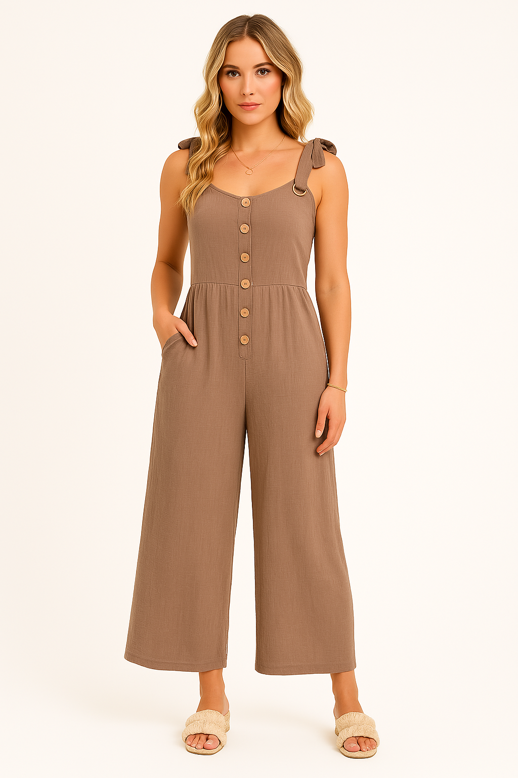 Combinaison femme – Coupe ample – Jambes larges – Boutons devant – Bretelles nouées